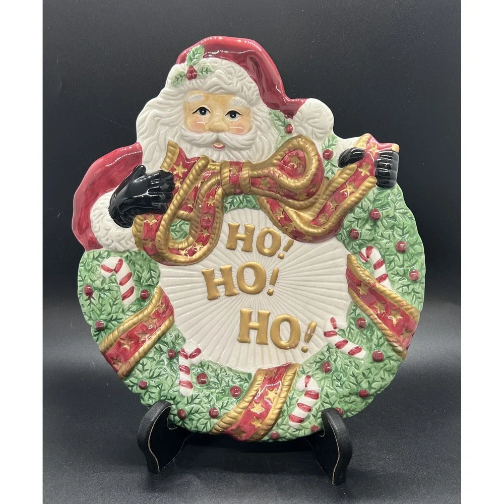 Vtg Fitz and Floyd Santa Wreath Plate Wall‎ Hanging Christmas Holiday Decor